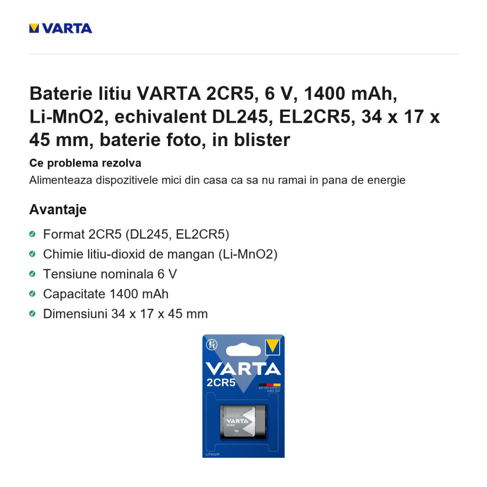 Baterie litiu VARTA 2CR5, 6 V, 1400 mAh, Li-MnO2, echivalent DL245, EL2CR5, 34 x 17 x 45 mm, baterie foto, in blister [2]