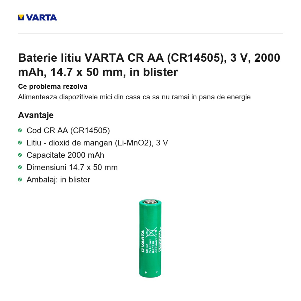 Baterie litiu VARTA CR AA (CR14505), 3 V, 2000 mAh, 14.7 x 50 mm, in blister [2]