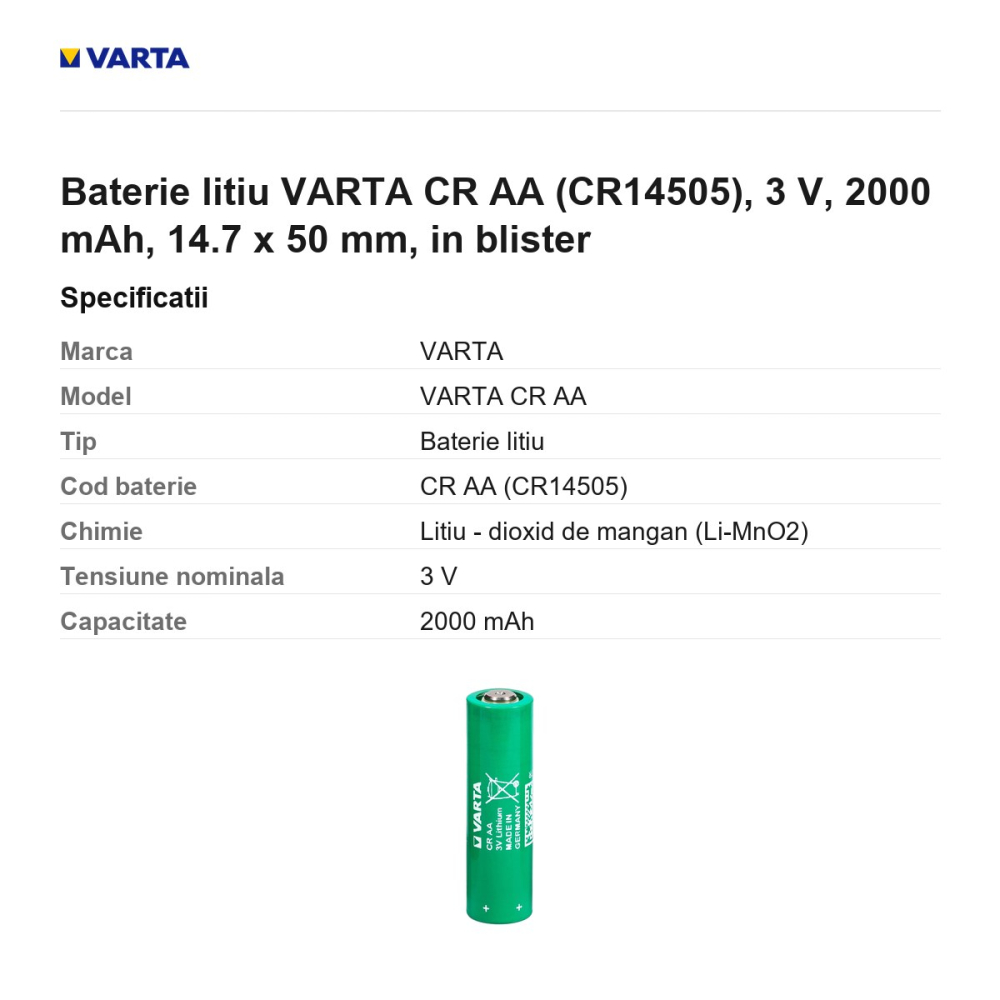 Baterie litiu VARTA CR AA (CR14505), 3 V, 2000 mAh, 14.7 x 50 mm, in blister [3]