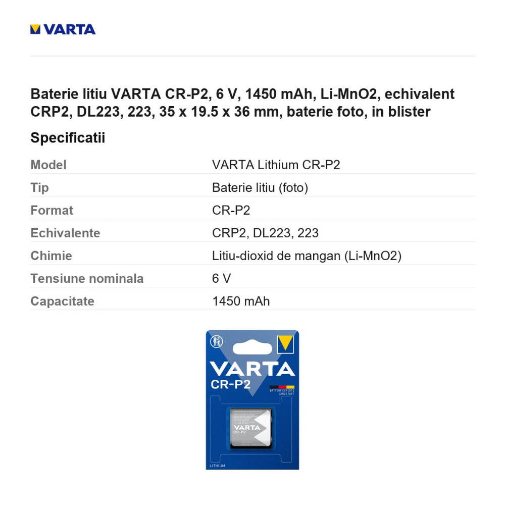 Baterie litiu VARTA CR-P2, 6 V, 1450 mAh, Li-MnO2, echivalent CRP2, DL223, 223, 35 x 19.5 x 36 mm, baterie foto, in blister [3]