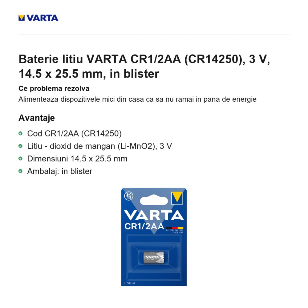 Baterie litiu VARTA CR1/2AA (CR14250), 3 V, 14.5 x 25.5 mm, in blister [2]