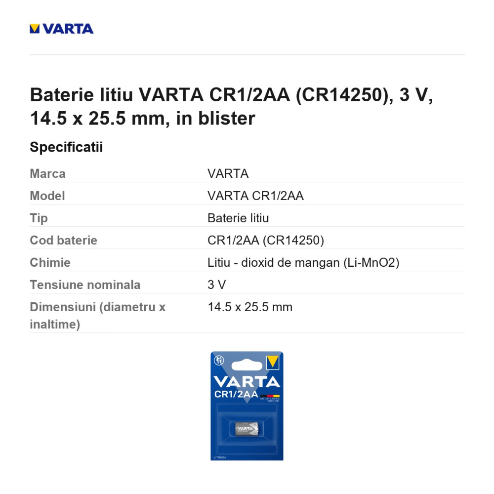 Baterie litiu VARTA CR1/2AA (CR14250), 3 V, 14.5 x 25.5 mm, in blister [3]