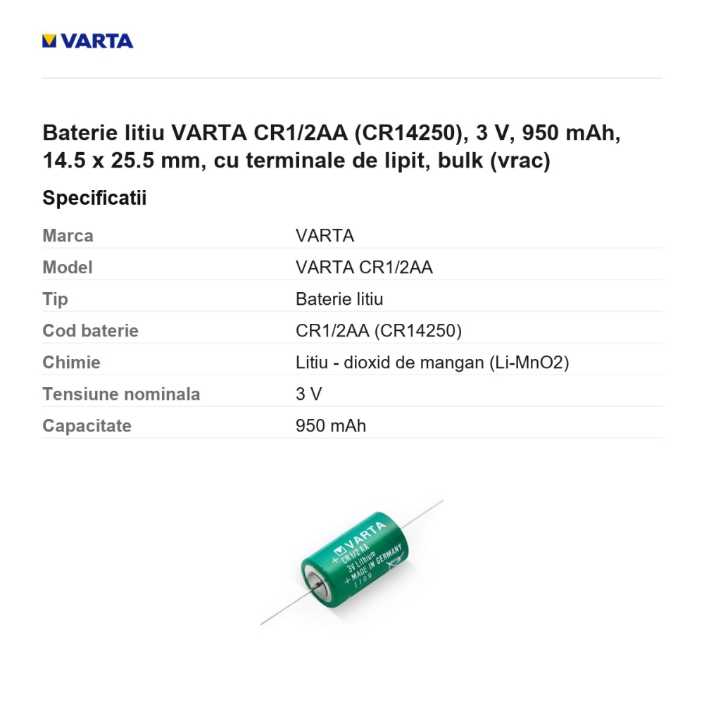 Baterie litiu VARTA CR1/2AA (CR14250), 3 V, 950 mAh, 14.5 x 25.5 mm, cu terminale de lipit, bulk (vrac) [3]