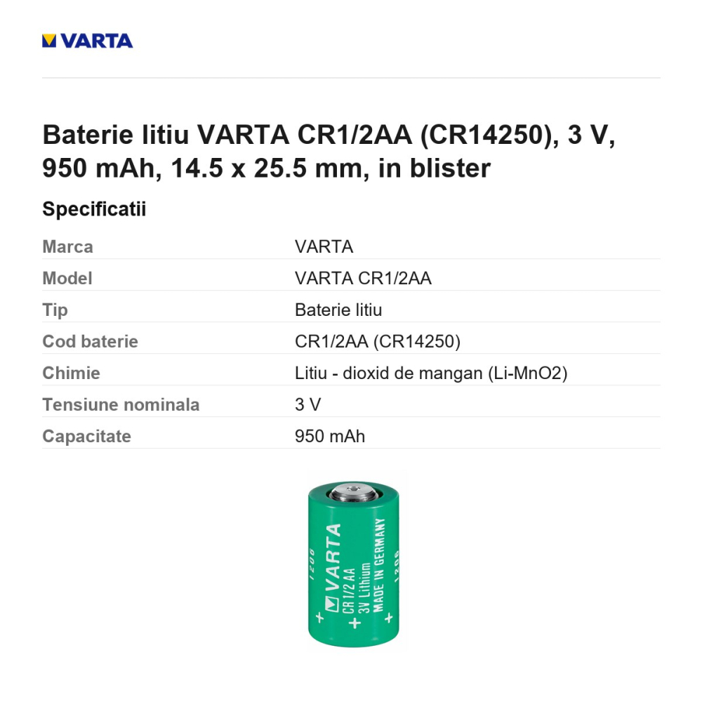 Baterie litiu VARTA CR1/2AA (CR14250), 3 V, 950 mAh, 14.5 x 25.5 mm, in blister [3]