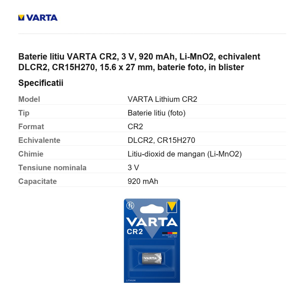 Baterie litiu VARTA CR2, 3 V, 920 mAh, Li-MnO2, echivalent DLCR2, CR15H270, 15.6 x 27 mm, baterie foto, in blister [3]