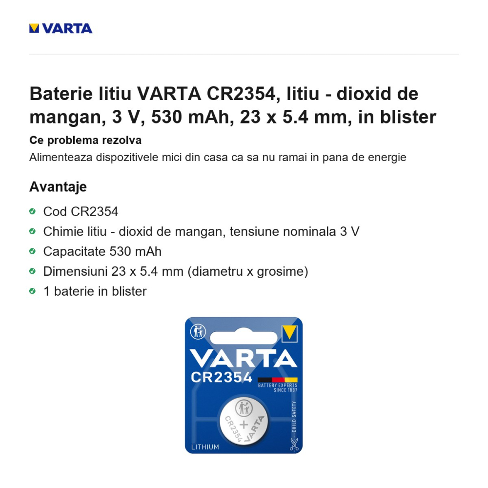 Baterie litiu VARTA CR2354, litiu - dioxid de mangan, 3 V, 530 mAh, 23 x 5.4 mm, in blister [2]