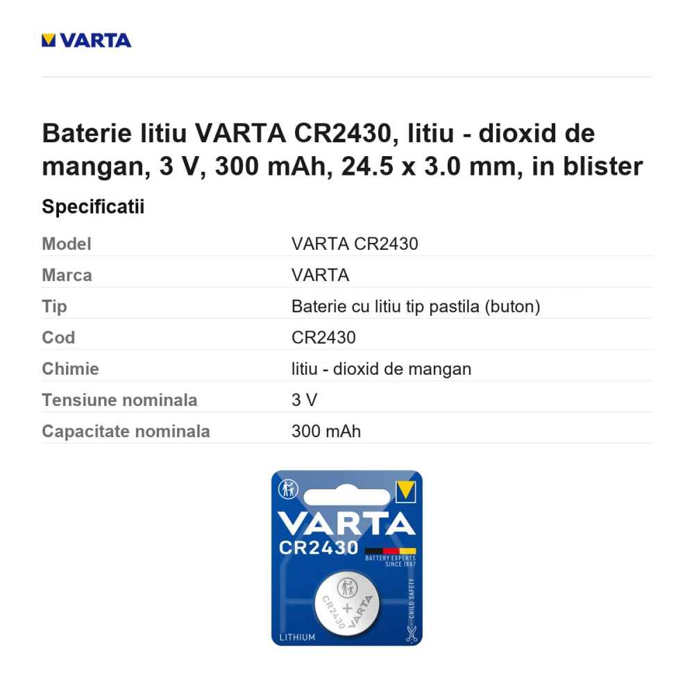 Baterie litiu VARTA CR2430, litiu - dioxid de mangan, 3 V, 300 mAh, 24.5 x 3.0 mm, in blister [3]