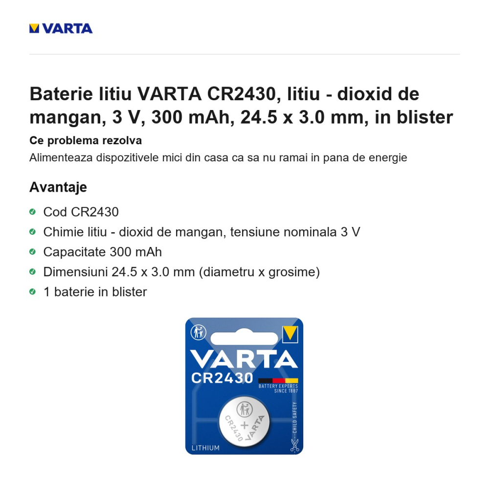 Baterie litiu VARTA CR2430, litiu - dioxid de mangan, 3 V, 300 mAh, 24.5 x 3.0 mm, in blister [2]