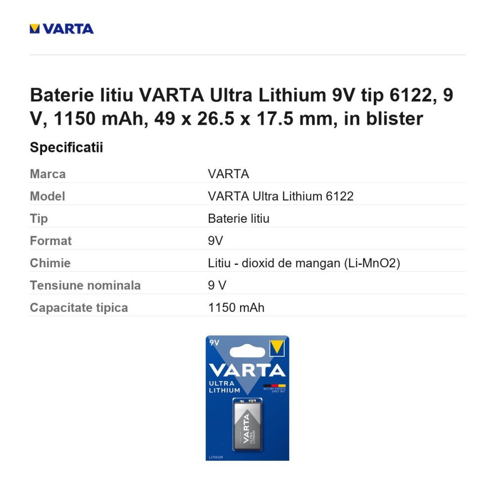 Baterie litiu VARTA Ultra Lithium 9V tip 6122, 9 V, 1150 mAh, 49 x 26.5 x 17.5 mm, in blister [3]