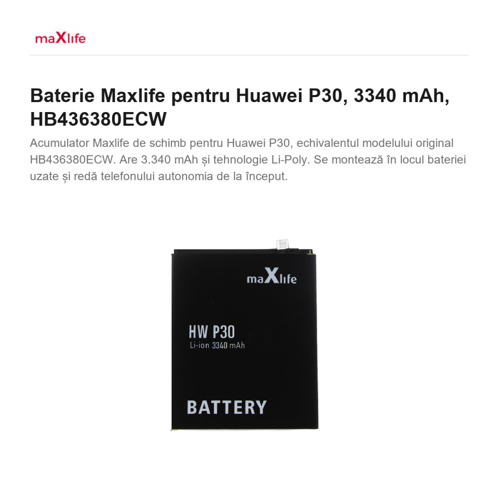 Baterie Maxlife pentru Huawei P30, 3340 mAh, HB436380ECW [2]