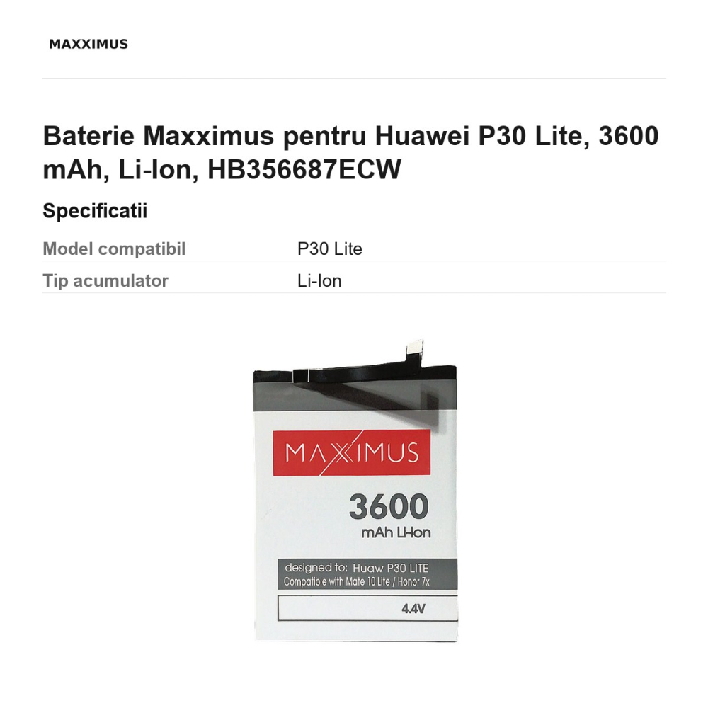 Baterie Maxximus pentru Huawei P30 Lite, 3600 mAh, Li-Ion, HB356687ECW [3]