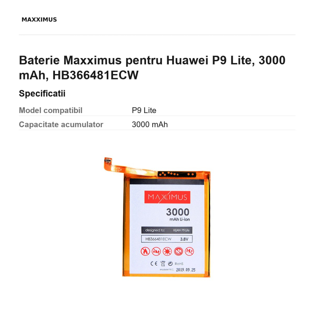 Baterie Maxximus pentru Huawei P9 Lite, 3000 mAh, HB366481ECW [3]