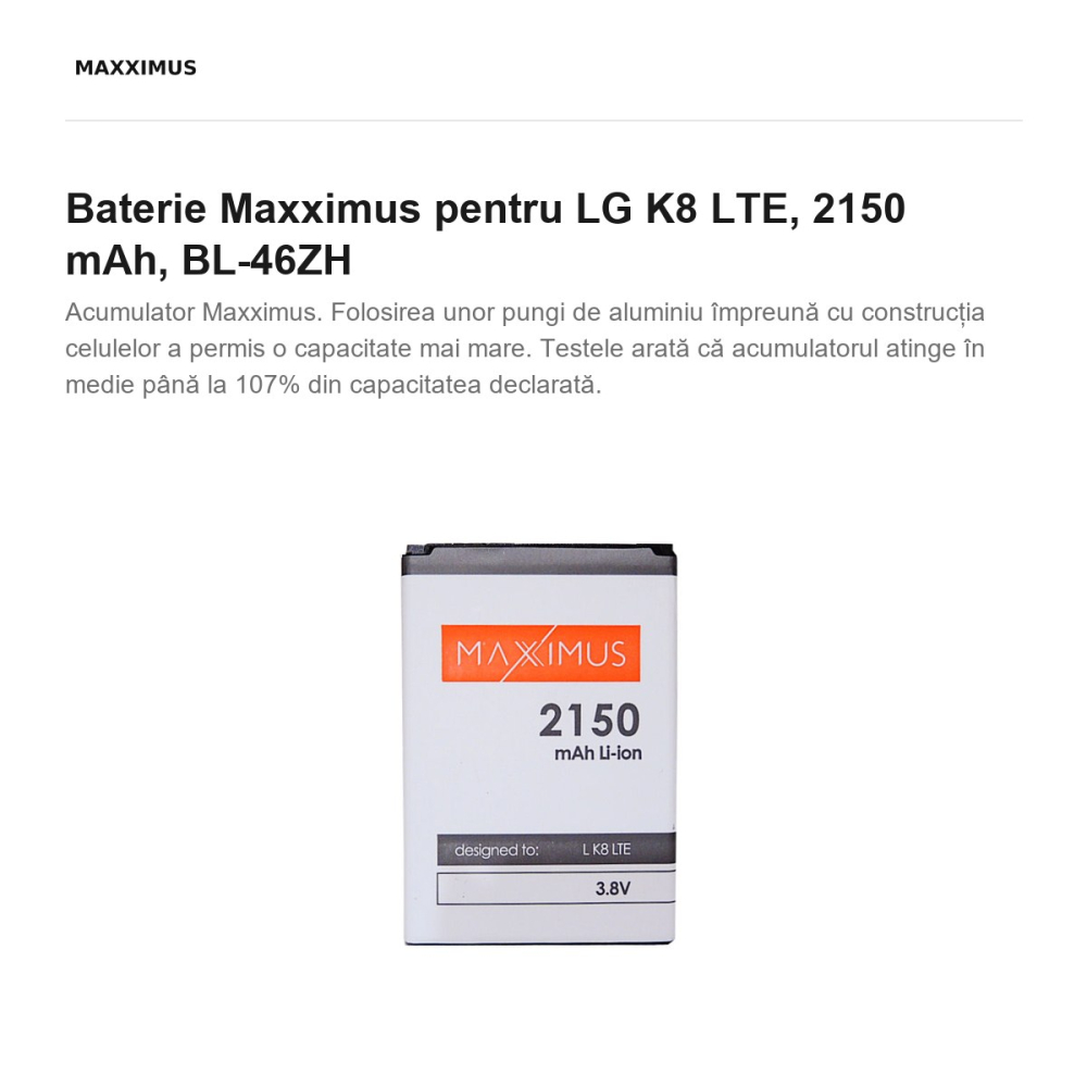Baterie Maxximus pentru LG K8 LTE, 2150 mAh, BL-46ZH [2]