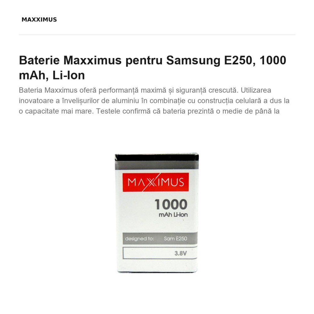 Baterie Maxximus pentru Samsung E250, 1000 mAh, Li-Ion [2]