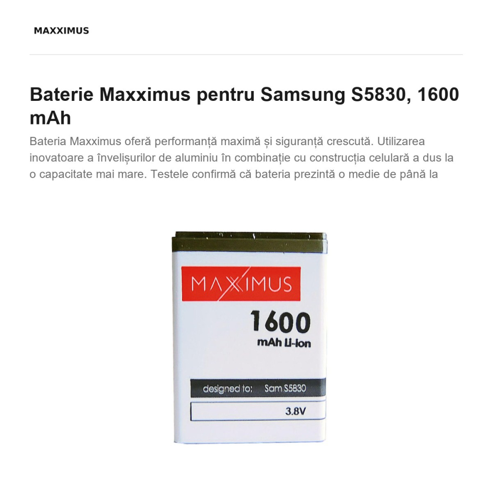 Baterie Maxximus pentru Samsung S5830, 1600 mAh [2]