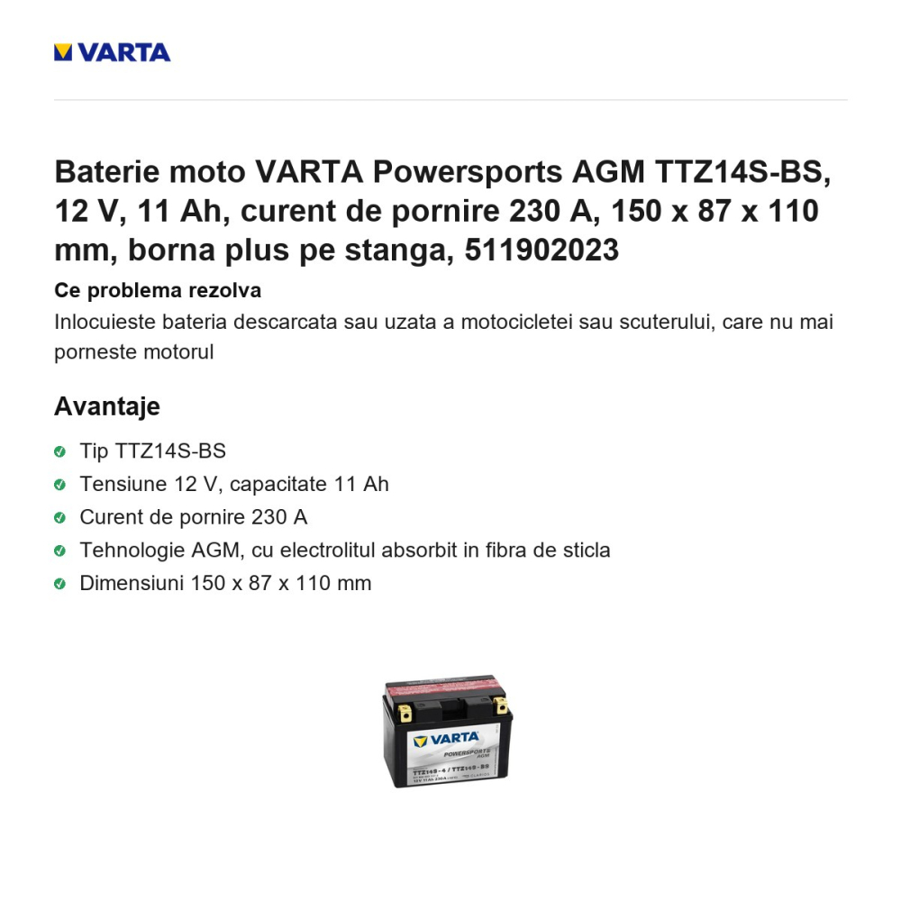 Baterie moto VARTA Powersports AGM TTZ14S-BS, 12 V, 11 Ah, curent de pornire 230 A, 150 x 87 x 110 mm, borna plus pe stanga, 511902023 [2]