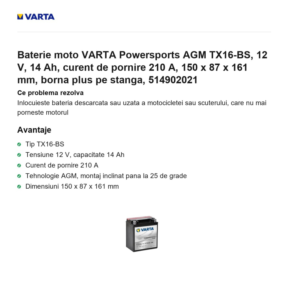 Baterie moto VARTA Powersports AGM TX16-BS, 12 V, 14 Ah, curent de pornire 210 A, 150 x 87 x 161 mm, borna plus pe stanga, 514902021 [2]