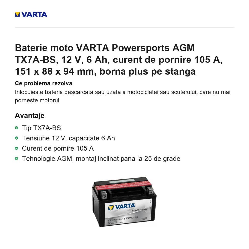 Baterie moto VARTA Powersports AGM TX7A-BS, 12 V, 6 Ah, curent de pornire 105 A, 151 x 88 x 94 mm, borna plus pe stanga [2]