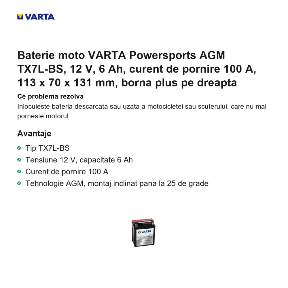 Baterie moto VARTA Powersports AGM TX7L-BS, 12 V, 6 Ah, curent de pornire 100 A, 113 x 70 x 131 mm, borna plus pe dreapta [2]