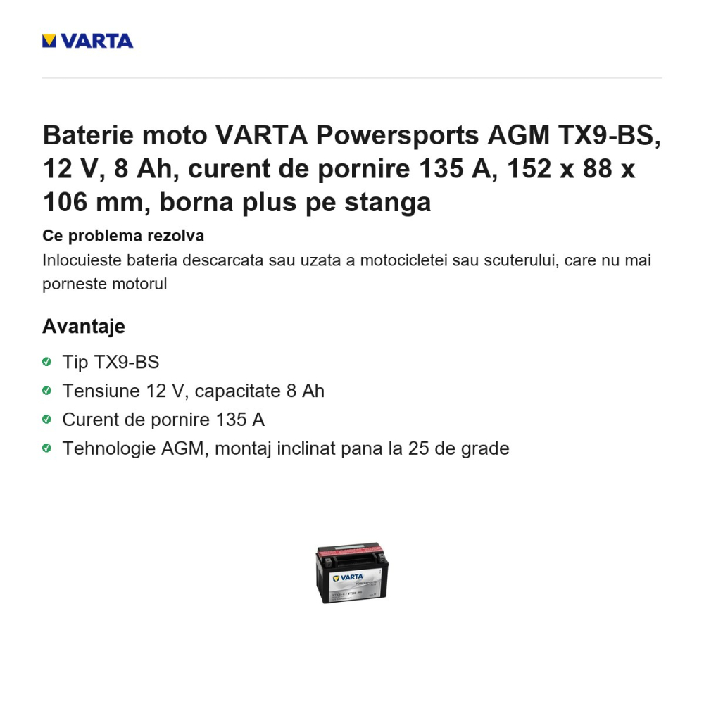 Baterie moto VARTA Powersports AGM TX9-BS, 12 V, 8 Ah, curent de pornire 135 A, 152 x 88 x 106 mm, borna plus pe stanga [2]