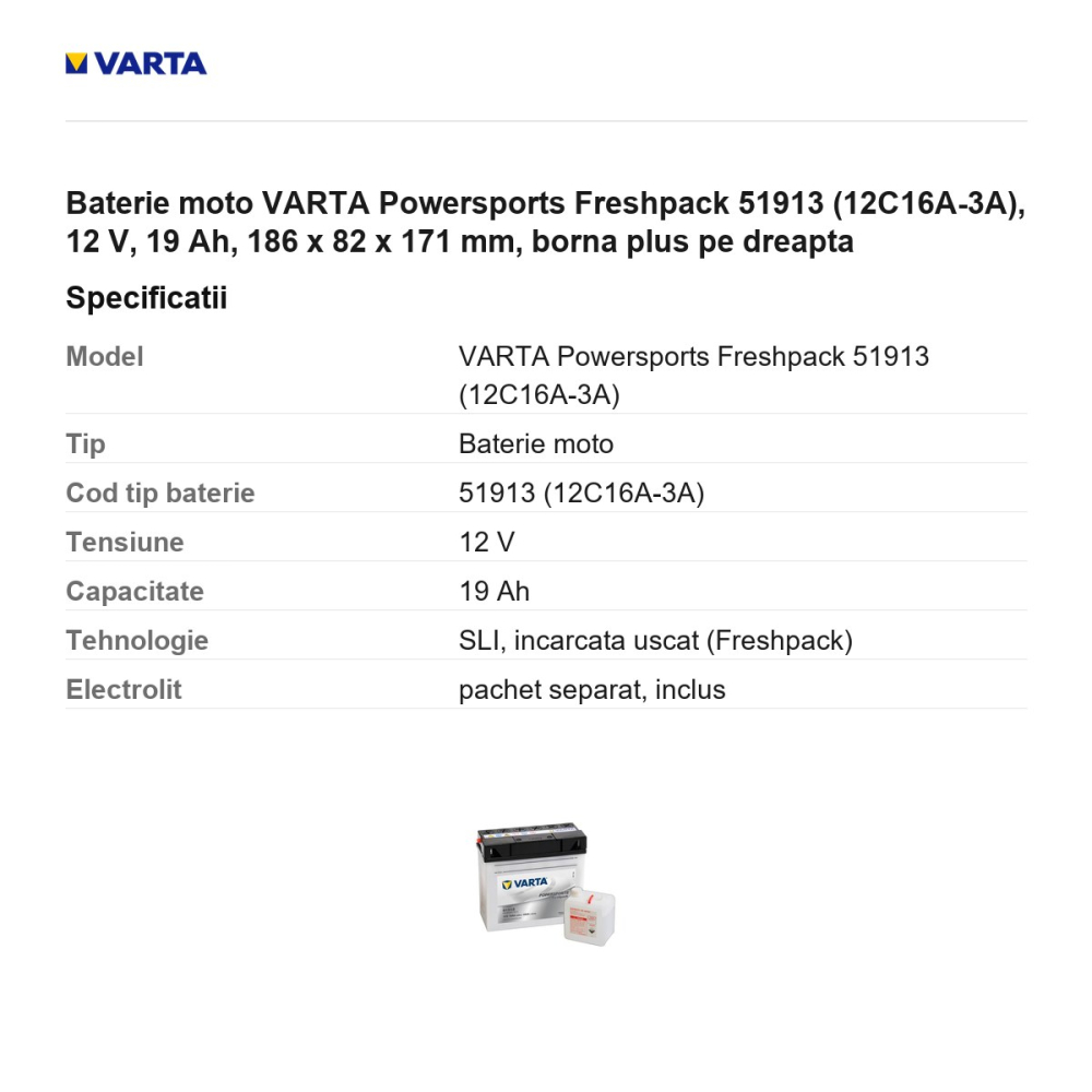 Baterie moto VARTA Powersports Freshpack 51913 (12C16A-3A), 12 V, 19 Ah, 186 x 82 x 171 mm, borna plus pe dreapta [3]