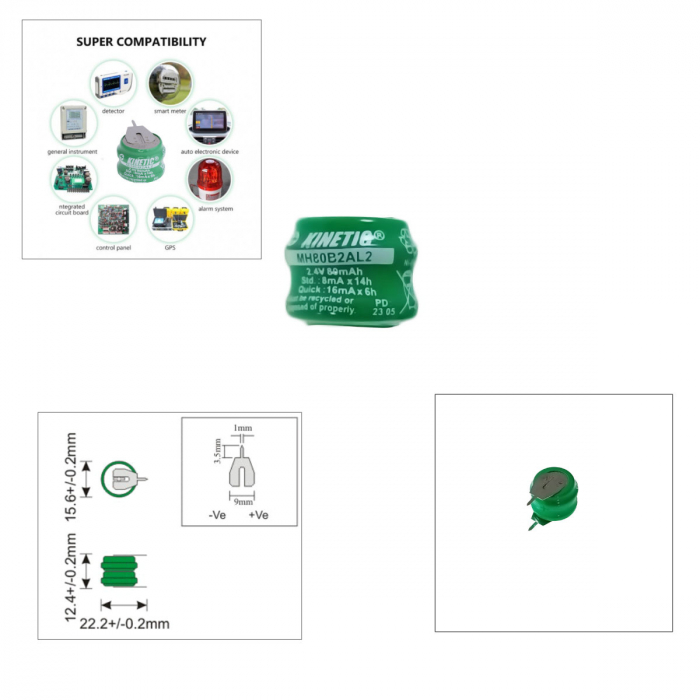 Baterie NiMH, KINETIC, MH80B2AL2, diametru de 15 mm, 2.4V, 80mAh, 2 pini, 6084, verde [4]