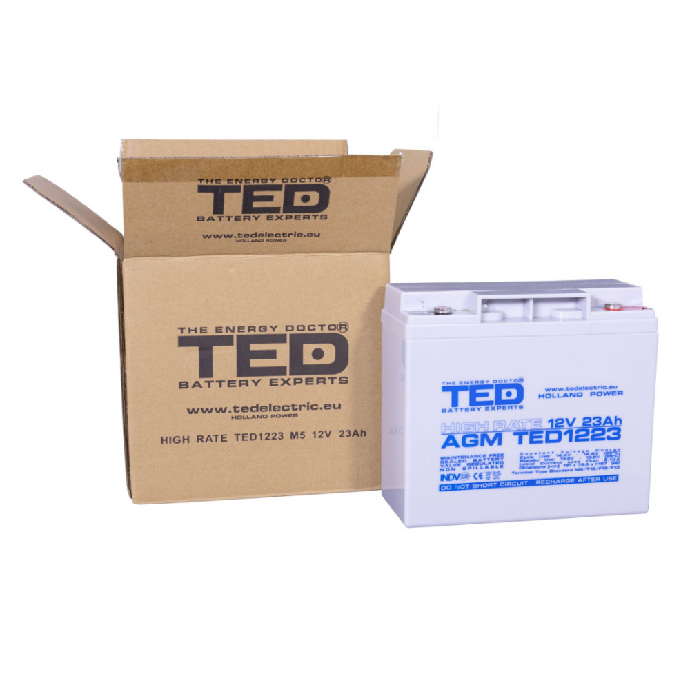Baterie Reincarcabila 12V High Rate VRLA 23Ah AGM, Dimensiuni 181x76x167 mm, TED Electric TED1223, pentru UPS, echipamente medicale, utilaje electrice, iluminare urgenta [5]