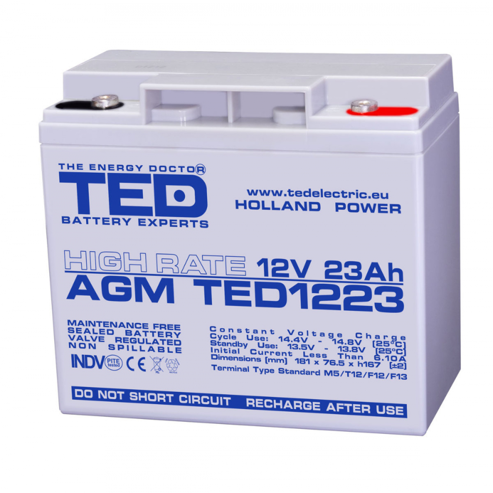 Baterie Reincarcabila 12V High Rate VRLA 23Ah AGM, Dimensiuni 181x76x167 mm, TED Electric TED1223, pentru UPS, echipamente medicale, utilaje electrice, iluminare urgenta [1]