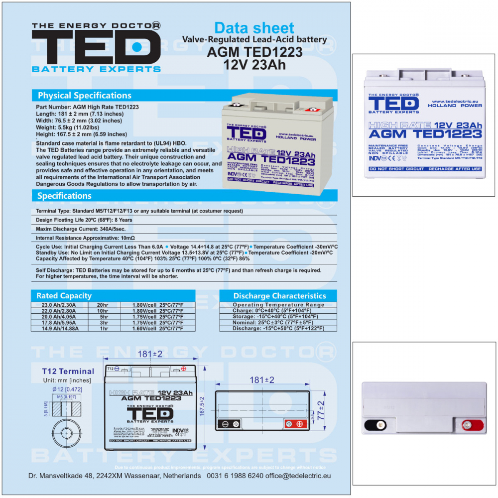 Baterie Reincarcabila 12V High Rate VRLA 23Ah AGM, Dimensiuni 181x76x167 mm, TED Electric TED1223, pentru UPS, echipamente medicale, utilaje electrice, iluminare urgenta [6]