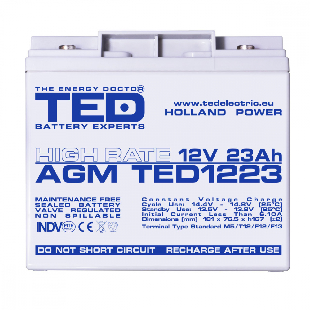 Baterie Reincarcabila 12V High Rate VRLA 23Ah AGM, Dimensiuni 181x76x167 mm, TED Electric TED1223, pentru UPS, echipamente medicale, utilaje electrice, iluminare urgenta [2]