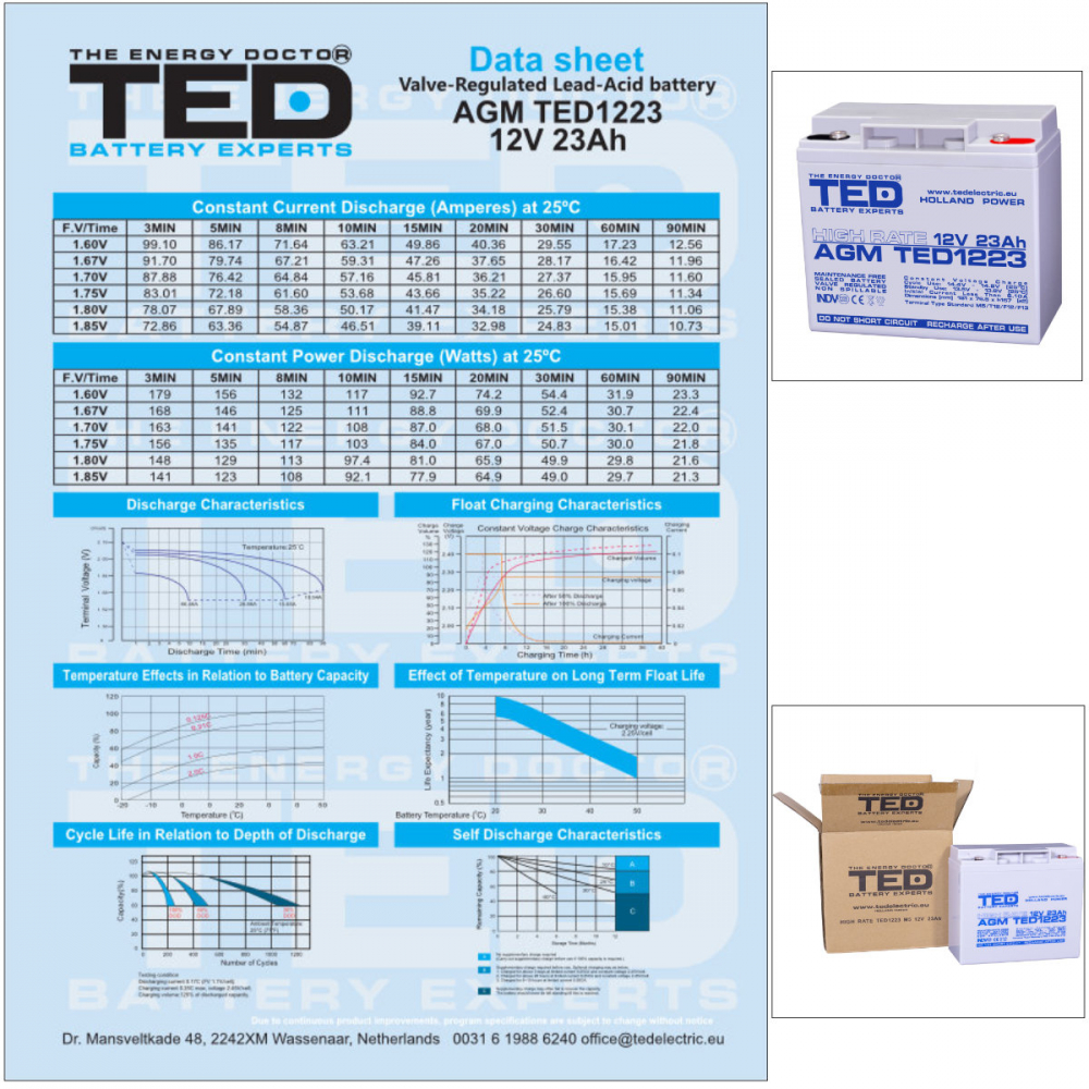 Baterie Reincarcabila 12V High Rate VRLA 23Ah AGM, Dimensiuni 181x76x167 mm, TED Electric TED1223, pentru UPS, echipamente medicale, utilaje electrice, iluminare urgenta [7]