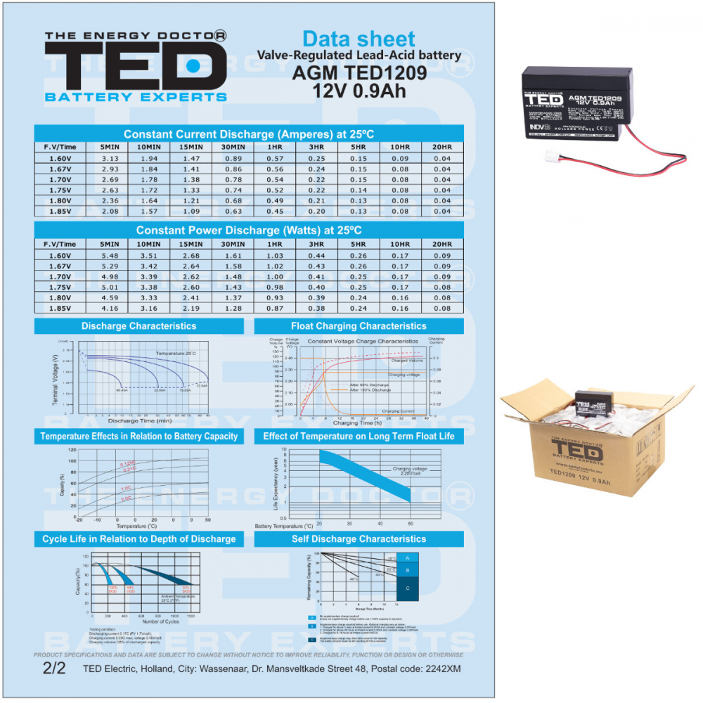 Baterie Reincarcabila 12V Stationara VRLA 0.9Ah AGM, Dimensiuni 96x25x62 mm, TED Electric TED1209, pentru sisteme UPS si backup, securitate, echipamente medicale, iluminare, jucarii si stocare energie [6]