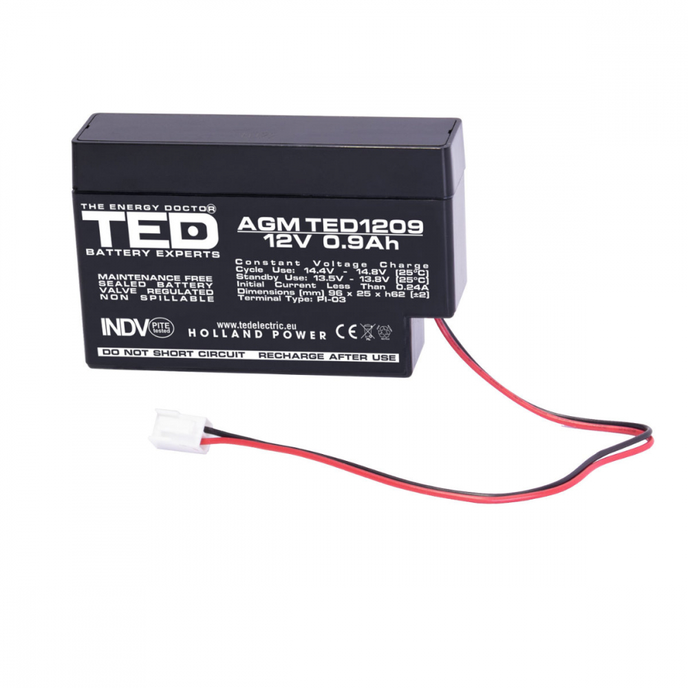 Baterie Reincarcabila 12V Stationara VRLA 0.9Ah AGM, Dimensiuni 96x25x62 mm, TED Electric TED1209, pentru sisteme UPS si backup, securitate, echipamente medicale, iluminare, jucarii si stocare energie [1]