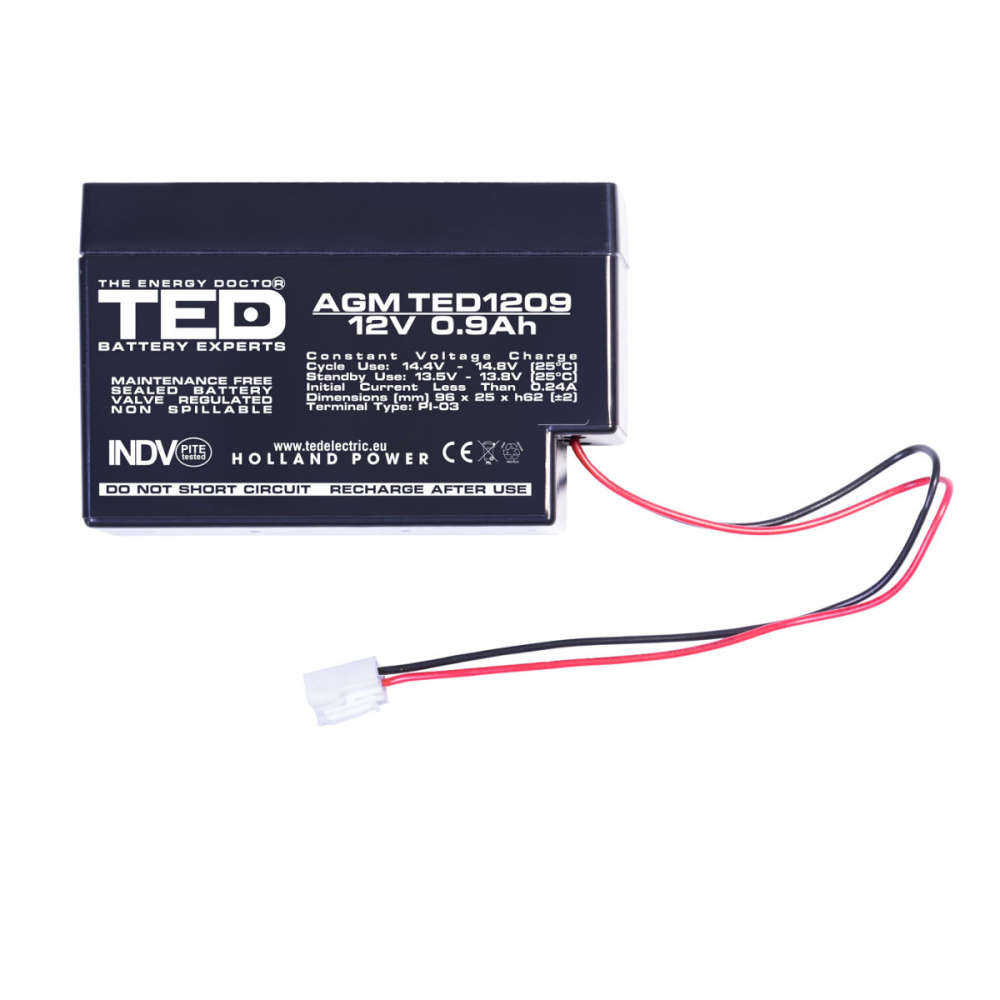 Baterie Reincarcabila 12V Stationara VRLA 0.9Ah AGM, Dimensiuni 96x25x62 mm, TED Electric TED1209, pentru sisteme UPS si backup, securitate, echipamente medicale, iluminare, jucarii si stocare energie [2]