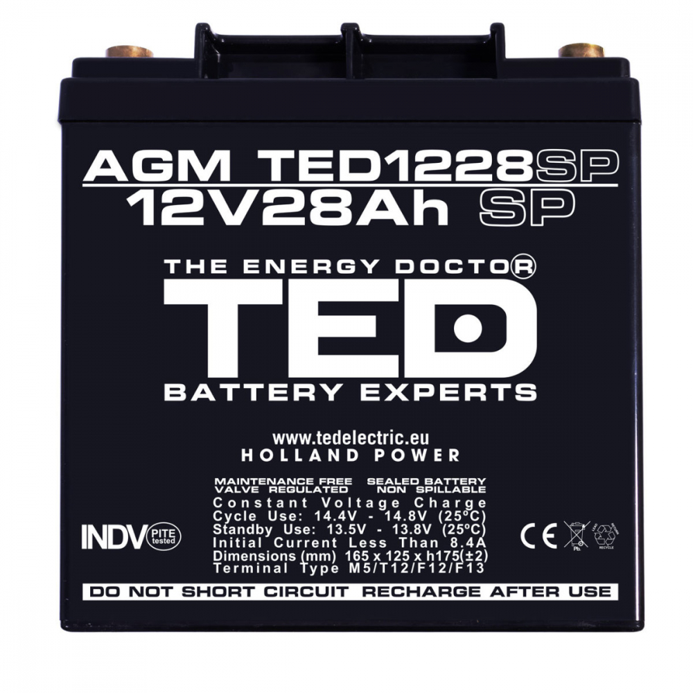 Baterie Reincarcabila 12V Stationara VRLA 28Ah AGM, Dimensiuni 165x125x175 mm, TED Electric TED1228SP, pentru sisteme UPS si backup, echipamente medicale, securitate, iluminare, energie regenerabila [2]