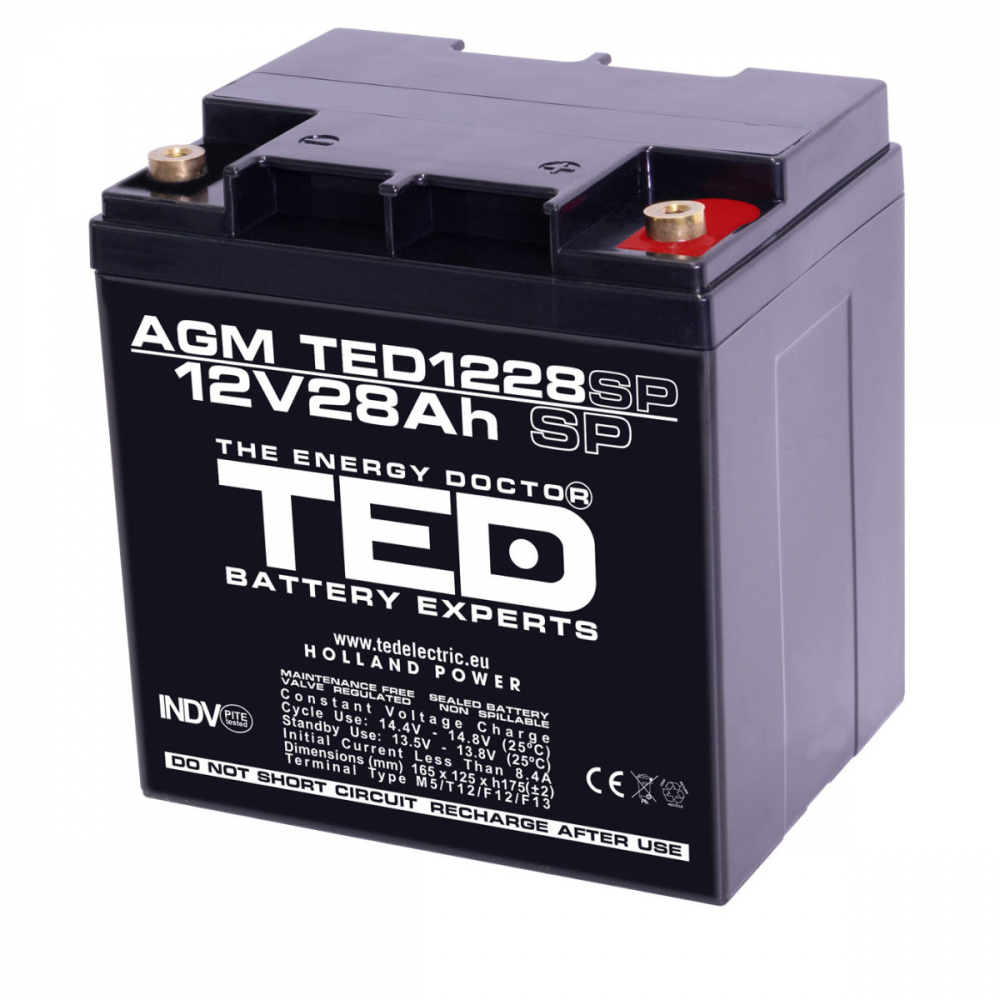 Baterie Reincarcabila 12V Stationara VRLA 28Ah AGM, Dimensiuni 165x125x175 mm, TED Electric TED1228SP, pentru sisteme UPS si backup, echipamente medicale, securitate, iluminare, energie regenerabila [1]