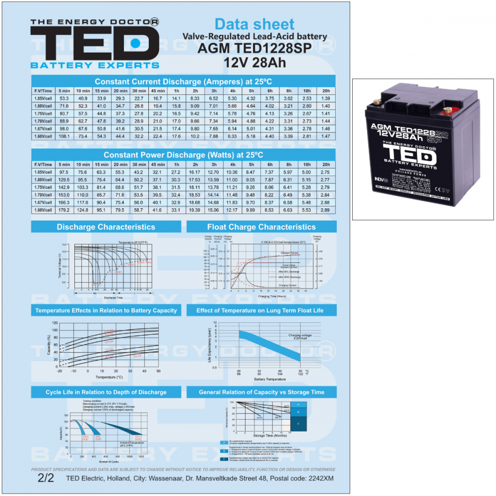 Baterie Reincarcabila 12V Stationara VRLA 28Ah AGM, Dimensiuni 165x125x175 mm, TED Electric TED1228SP, pentru sisteme UPS si backup, echipamente medicale, securitate, iluminare, energie regenerabila [6]