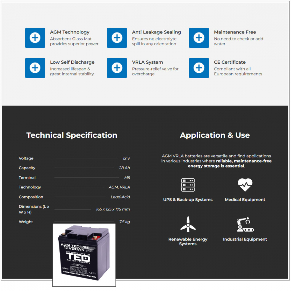 Baterie Reincarcabila 12V Stationara VRLA 28Ah AGM, Dimensiuni 165x125x175 mm, TED Electric TED1228SP, pentru sisteme UPS si backup, echipamente medicale, securitate, iluminare, energie regenerabila [4]