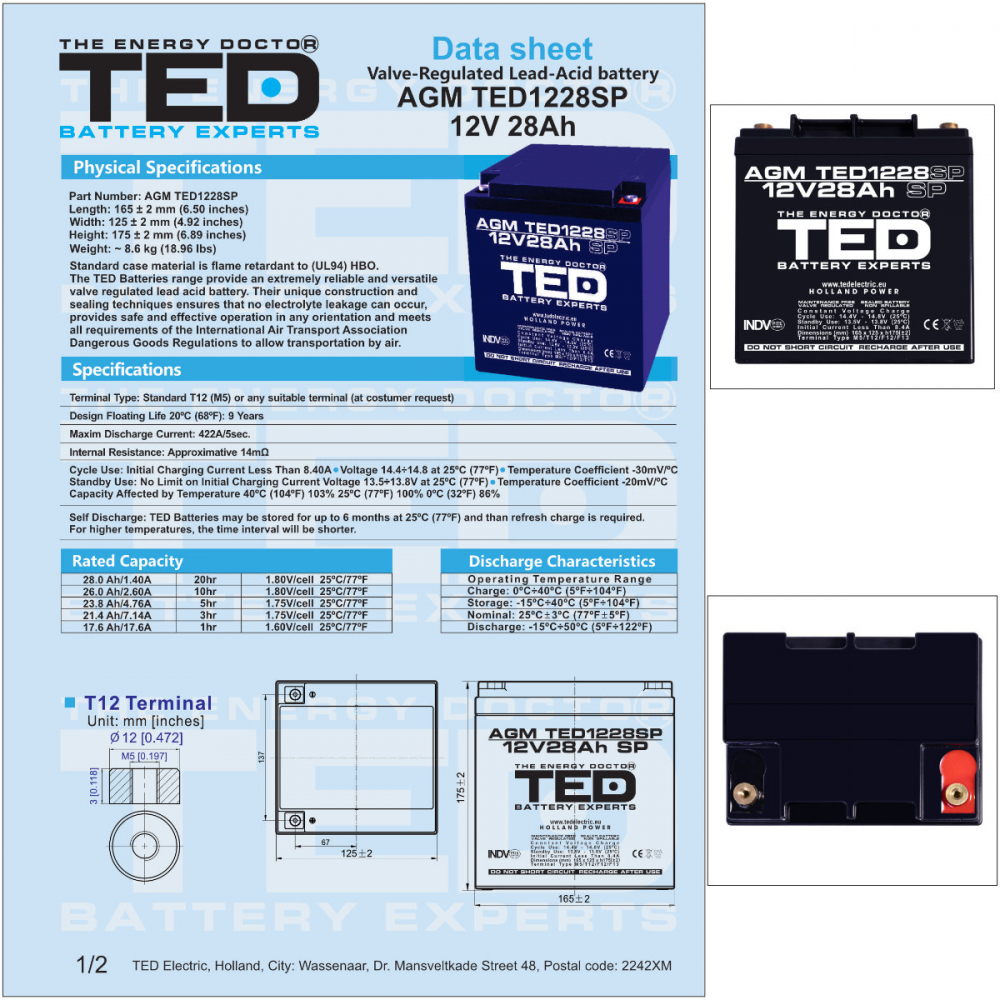 Baterie Reincarcabila 12V Stationara VRLA 28Ah AGM, Dimensiuni 165x125x175 mm, TED Electric TED1228SP, pentru sisteme UPS si backup, echipamente medicale, securitate, iluminare, energie regenerabila [5]