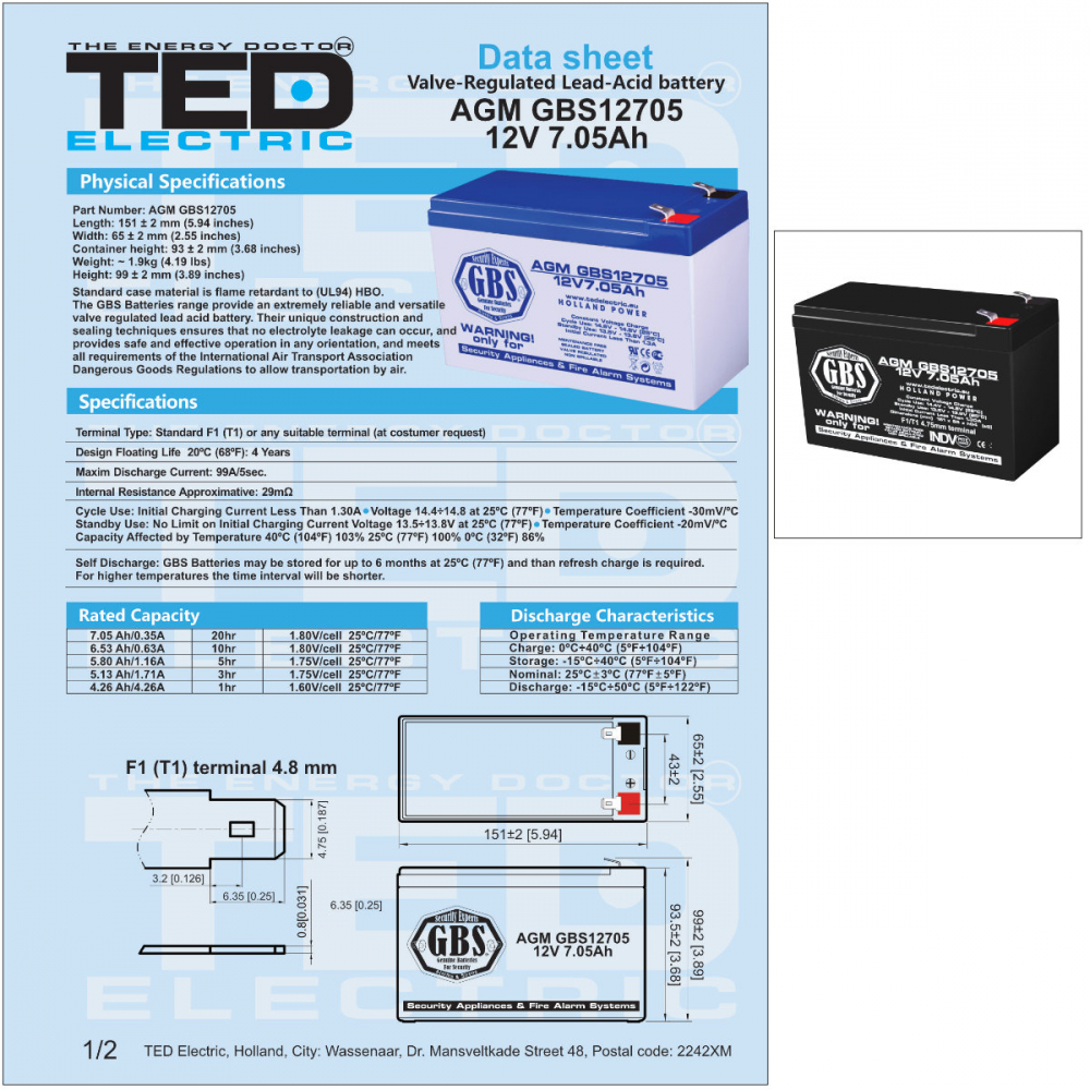 Baterie Reincarcabila F1 12V Sisteme Alarma VRLA 7.05Ah AGM, Dimensiuni 151x65x95 mm, TED Electric GBS12705, pentru Sisteme Securitate, CCTV, Control Acces [3]