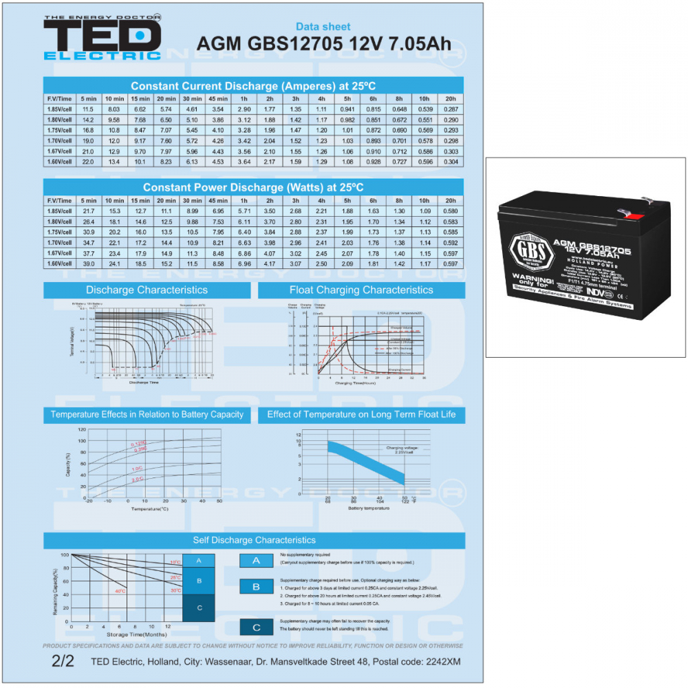 Baterie Reincarcabila F1 12V Sisteme Alarma VRLA 7.05Ah AGM, Dimensiuni 151x65x95 mm, TED Electric GBS12705, pentru Sisteme Securitate, CCTV, Control Acces [4]