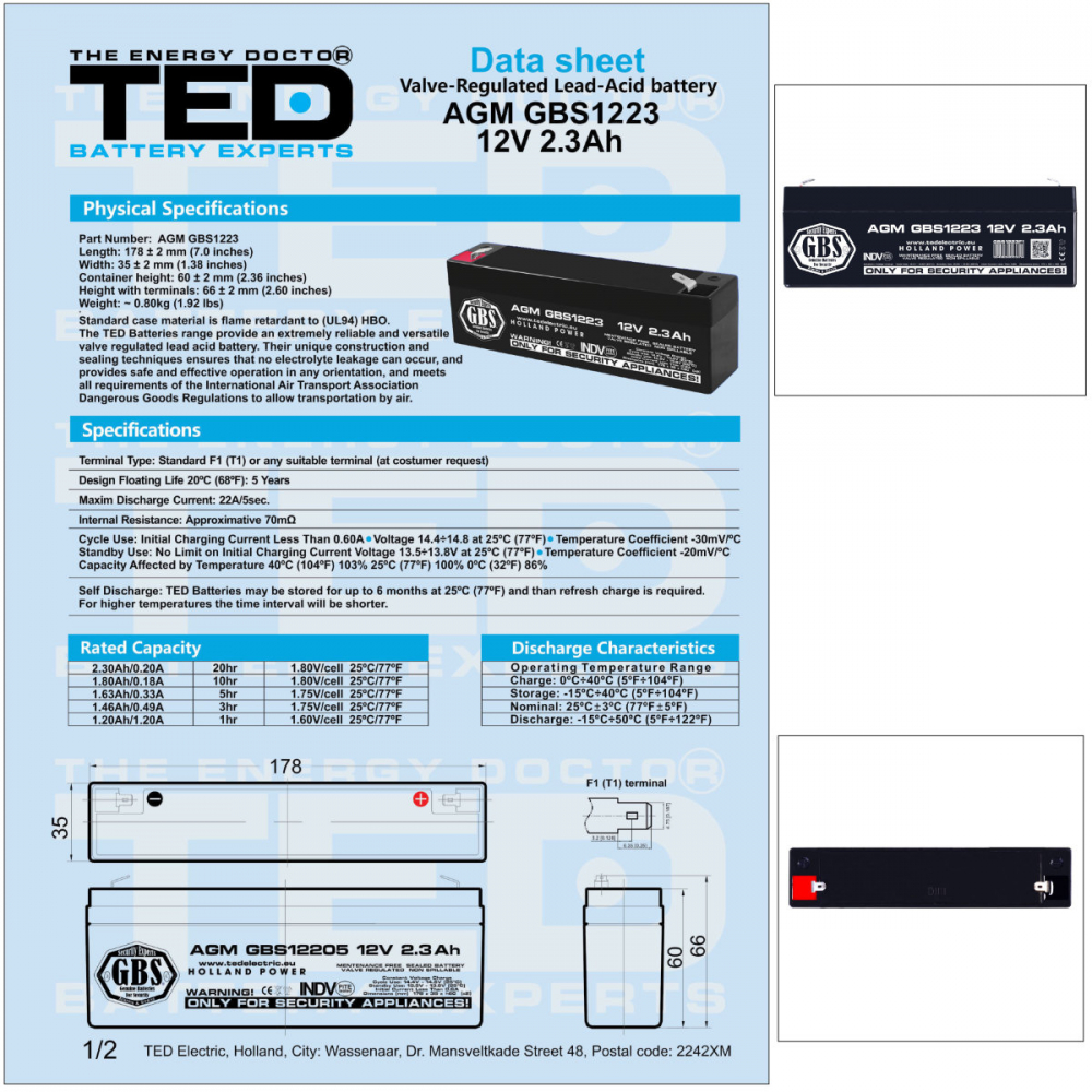 Baterie Reincarcabila F1 12V Stationara VRLA 2.3Ah AGM, Dimensiuni 178x35x60 mm, TED Electric GBS1223, pentru sisteme alarma si securitate, iluminare, backup energie [6]