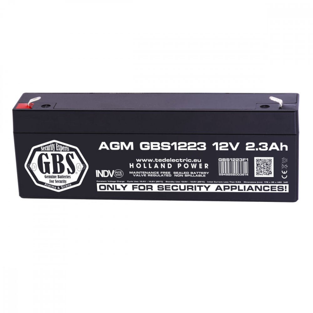 Baterie Reincarcabila F1 12V Stationara VRLA 2.3Ah AGM, Dimensiuni 178x35x60 mm, TED Electric GBS1223, pentru sisteme alarma si securitate, iluminare, backup energie [1]