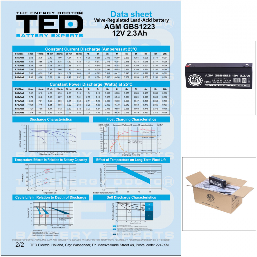 Baterie Reincarcabila F1 12V Stationara VRLA 2.3Ah AGM, Dimensiuni 178x35x60 mm, TED Electric GBS1223, pentru sisteme alarma si securitate, iluminare, backup energie [7]