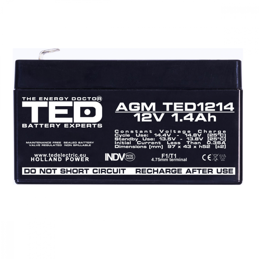 Baterie Reincarcabila F1/T1 12V Stationara VRLA 1.4Ah AGM, Dimensiuni 97x47x50 mm, TED Electric TED1214, pentru UPS mici, echipamente medicale portabile, sisteme de securitate, iluminat de urgenta, di [2]