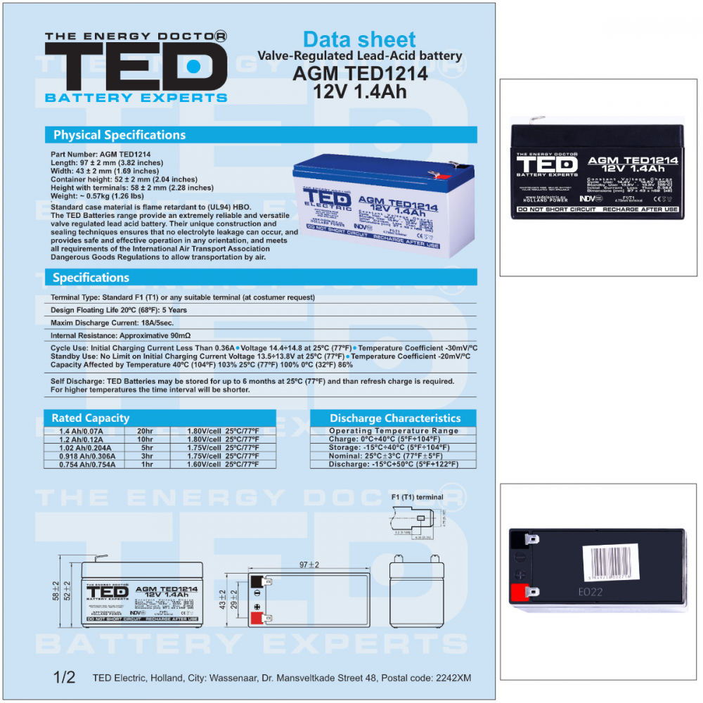 Baterie Reincarcabila F1/T1 12V Stationara VRLA 1.4Ah AGM, Dimensiuni 97x47x50 mm, TED Electric TED1214, pentru UPS mici, echipamente medicale portabile, sisteme de securitate, iluminat de urgenta, di [5]