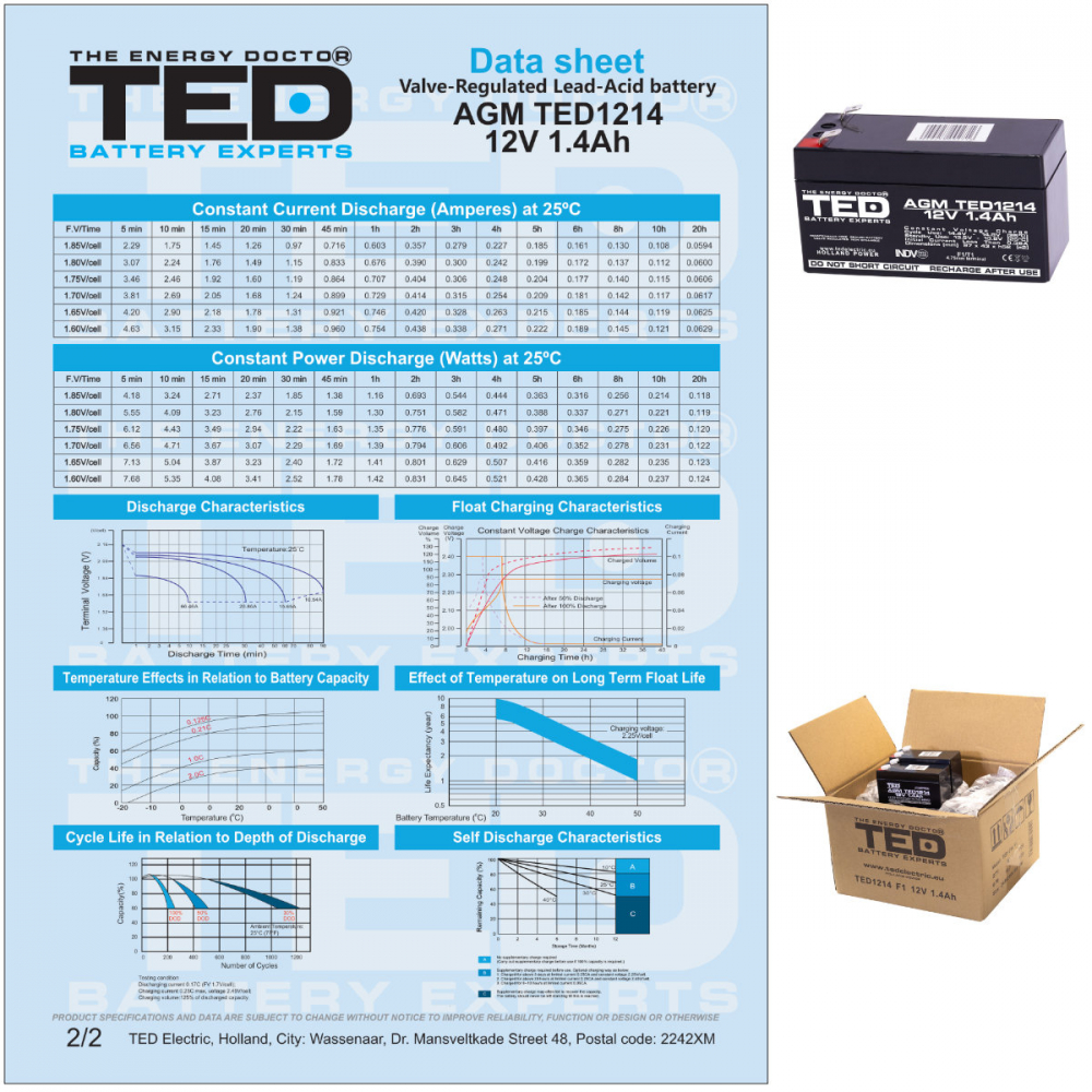 Baterie Reincarcabila F1/T1 12V Stationara VRLA 1.4Ah AGM, Dimensiuni 97x47x50 mm, TED Electric TED1214, pentru UPS mici, echipamente medicale portabile, sisteme de securitate, iluminat de urgenta, di [6]