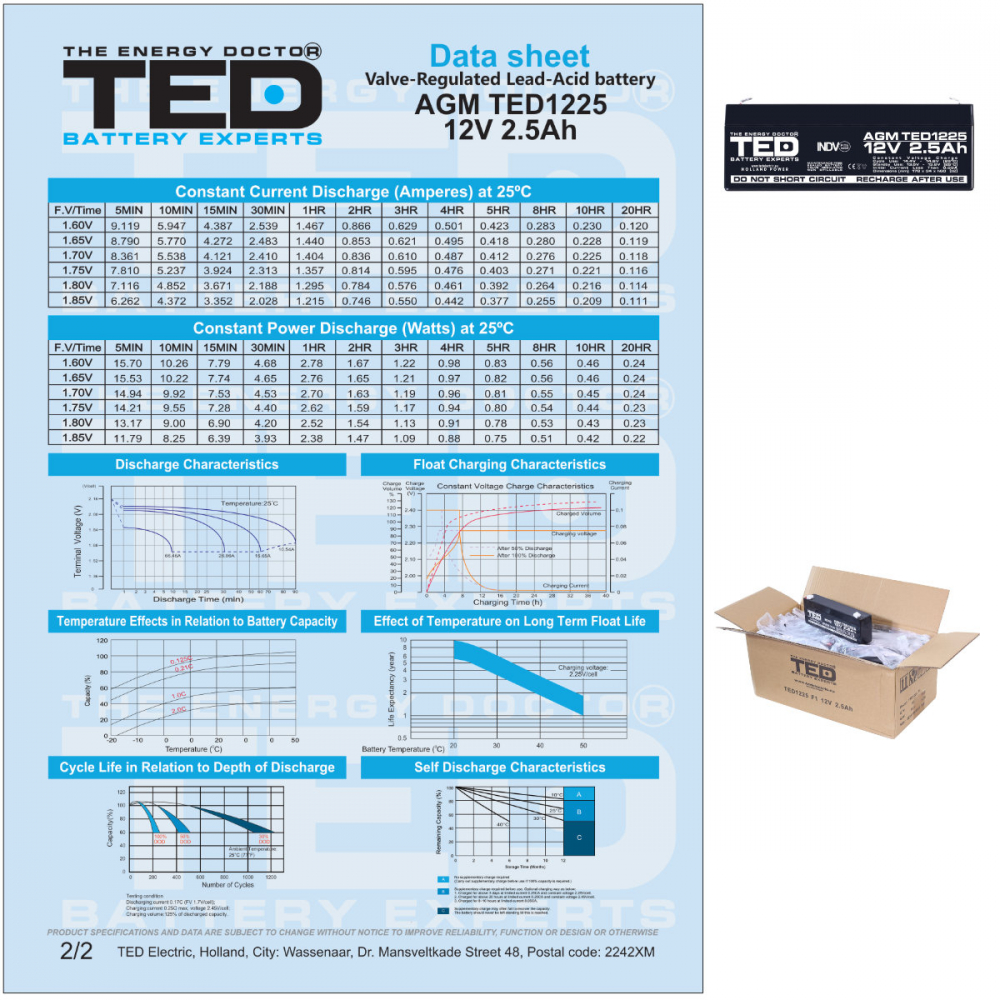 Baterie Reincarcabila F1/T1 12V Stationara VRLA 2.5Ah AGM, Dimensiuni 178x34x60 mm, TED Electric TED1225, pentru sisteme UPS si backup, securitate, echipamente medicale, iluminare, stocare energie [6]