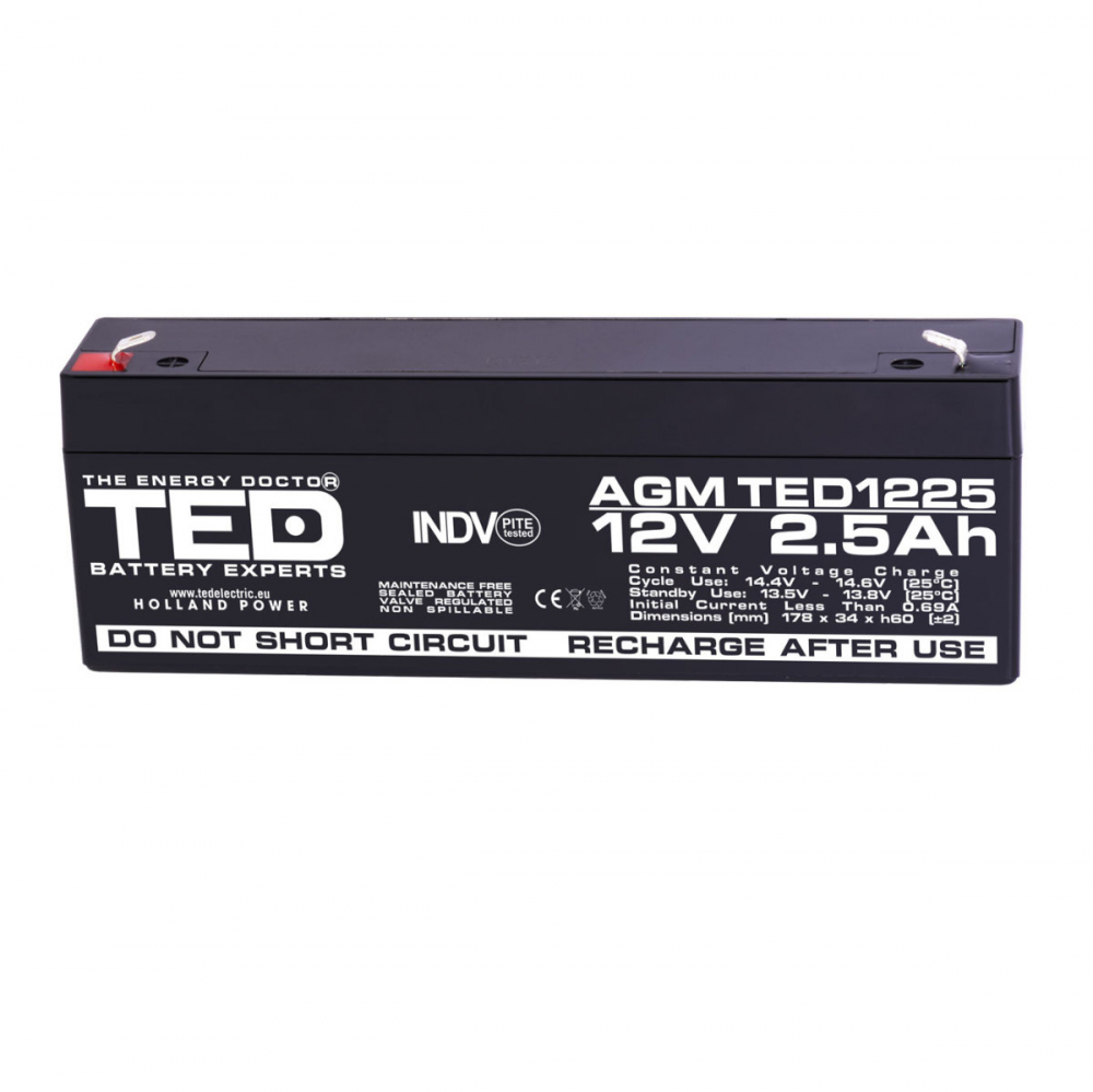 Baterie Reincarcabila F1/T1 12V Stationara VRLA 2.5Ah AGM, Dimensiuni 178x34x60 mm, TED Electric TED1225, pentru sisteme UPS si backup, securitate, echipamente medicale, iluminare, stocare energie [1]