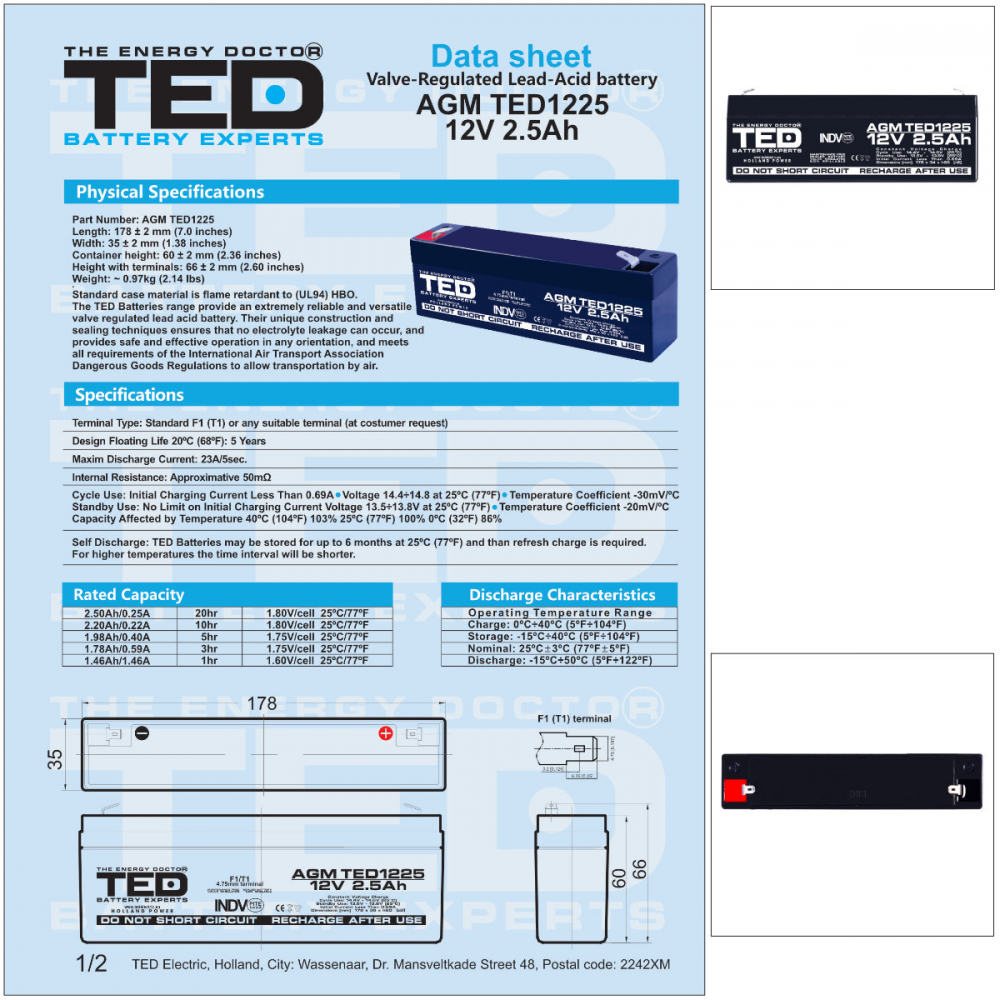Baterie Reincarcabila F1/T1 12V Stationara VRLA 2.5Ah AGM, Dimensiuni 178x34x60 mm, TED Electric TED1225, pentru sisteme UPS si backup, securitate, echipamente medicale, iluminare, stocare energie [5]